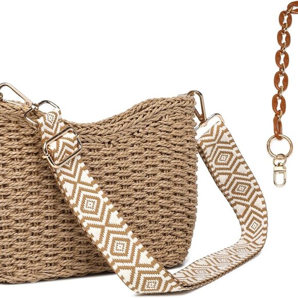Women's Straw Shoulder Bag Woven Crossbody Purse Zipper Closure Stylish Beach - Picture 1 of 5